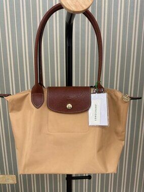 NWT Longchamp Original Medium Handbag Khaki Canvas Shopping Shoulder Tote Tan M